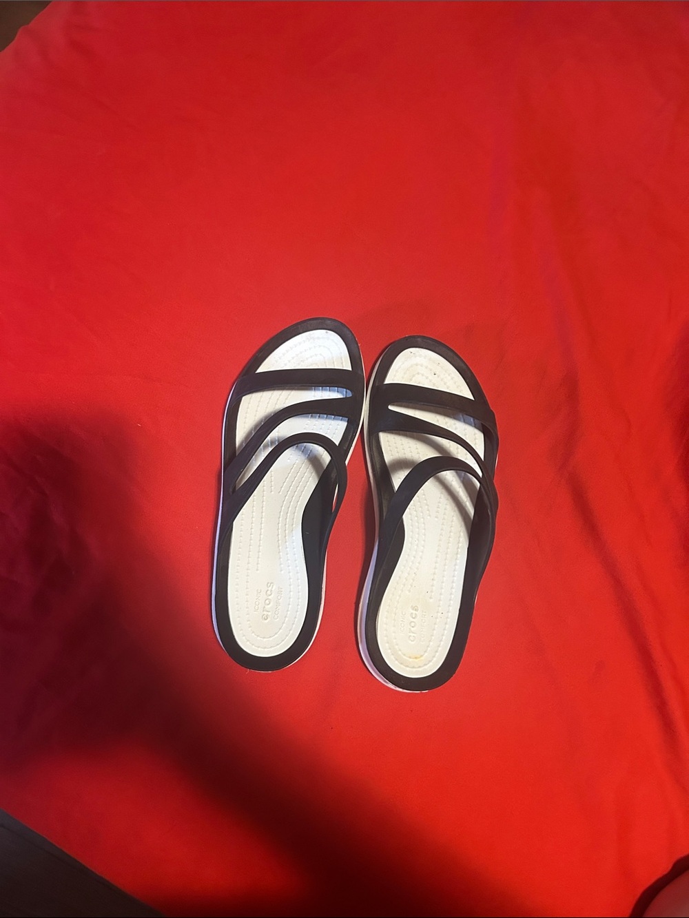 CROCS Women's Black and White Strappy Slide Sandals